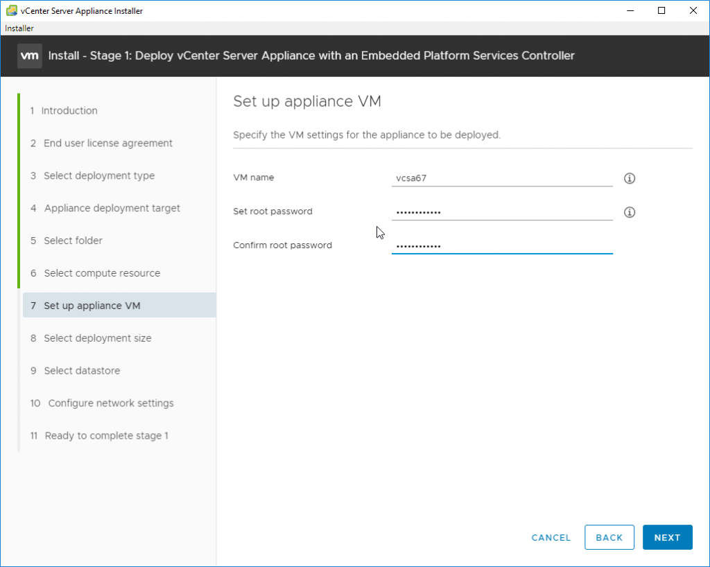 Deploy vCenter Server Appliance with an Embedded Platforms Services Controller - provide VM details