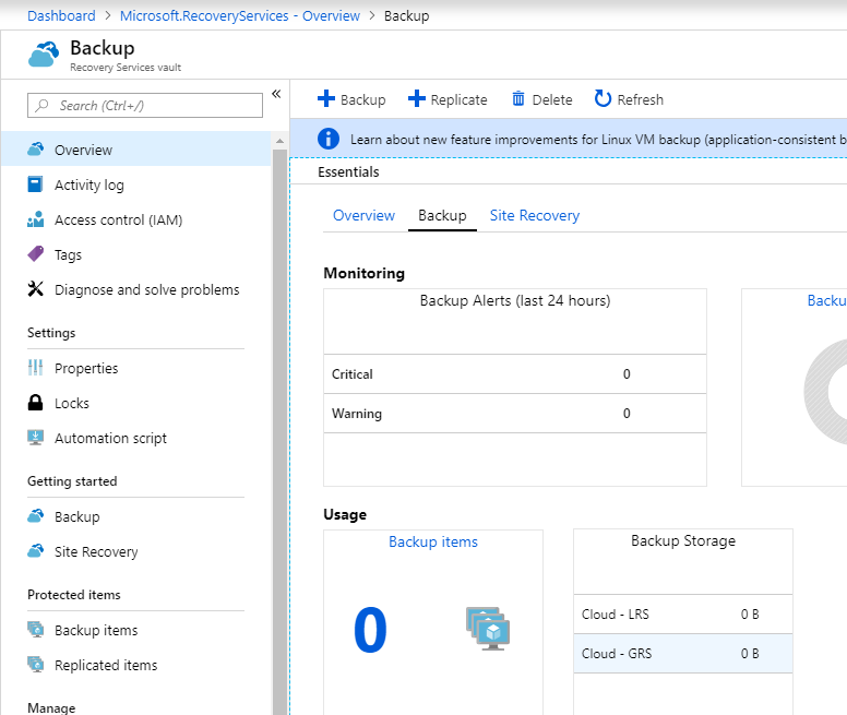 Open the Azure Recovery Service Vault and select + Backup