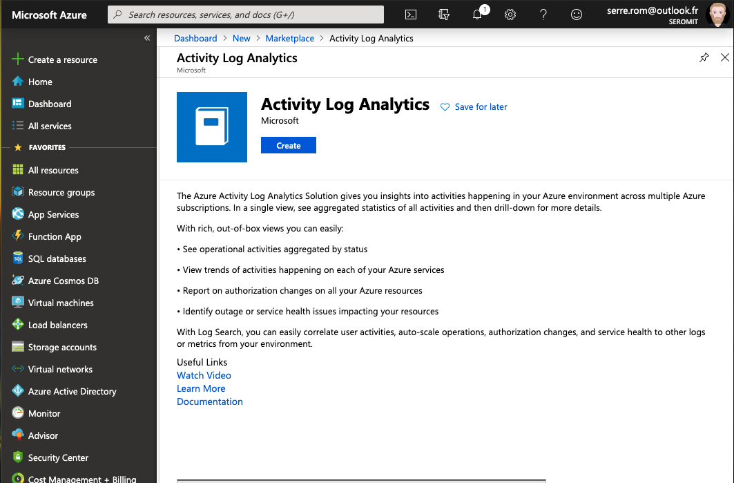 Microsoft Azure - Marketplace - Activity Log Analytics - Create