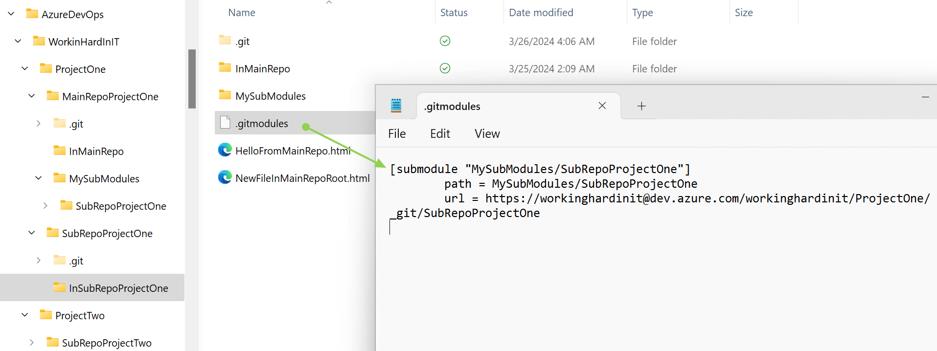 Secondly, navigate to the root folder and look at the contents of .gitmodules.