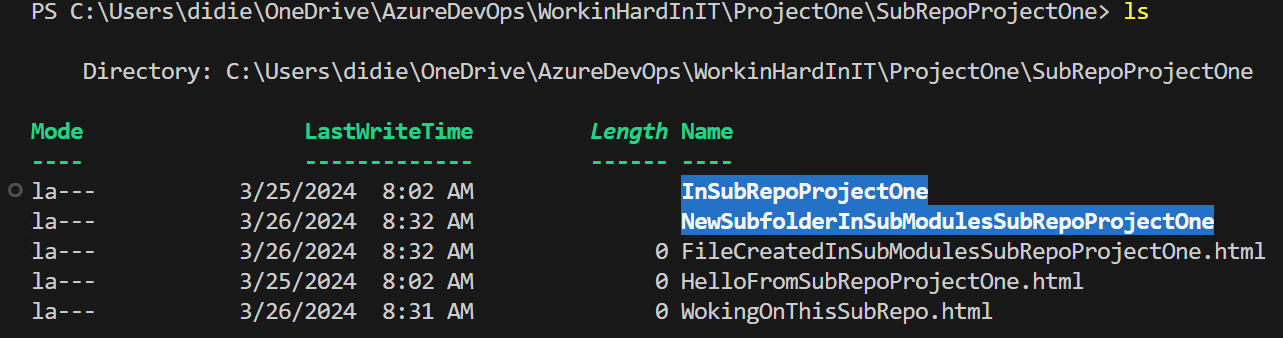 Note that the WorkingOnThisSubRepo.html is not visible locally in the main projects submodule for SubRepoOneProject.