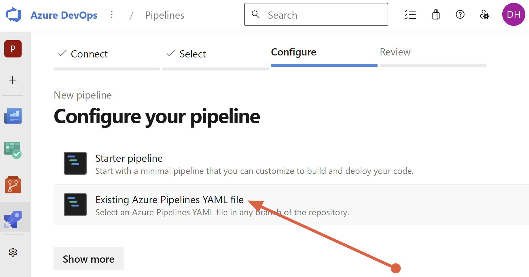 Choose to use an existing Azure Pipeline YAML file.