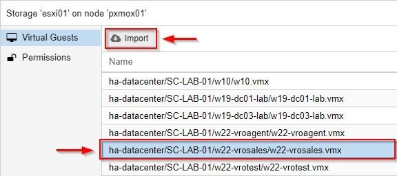 Select the VM to import and click Import to import VMware VMs.