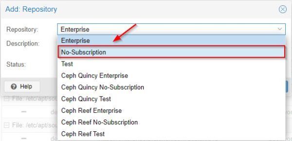 select No-Subscription from the Repository drop-down menu and click OK.
