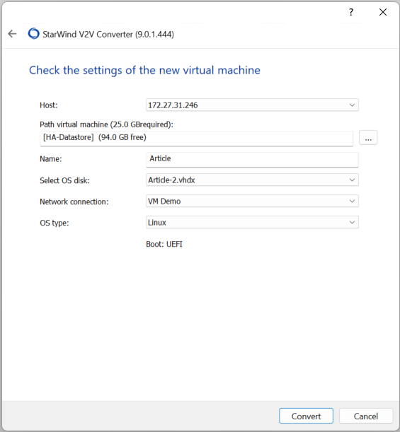 The following step is to specify the target ESXi host and settings of the new VM