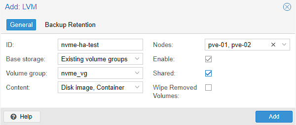 specify the name of the cluster storage and select your NVMe volume group