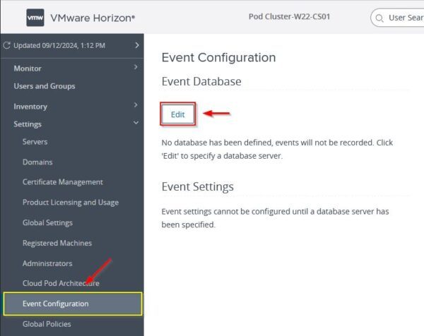 Access the Horizon console and access the Event Configuration section