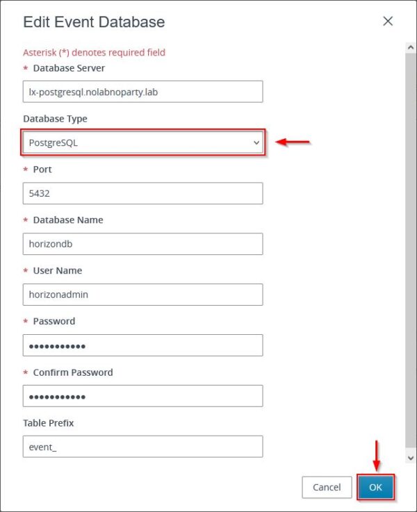 Enter the configuration settings specifying PostgreSQL as Database Type