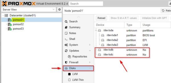 make sure that each node in the Disks section can detect the disks you plan to assign to the Ceph Storage cluster