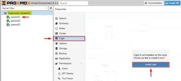 Connect to node 1 and select the Proxmox cluster