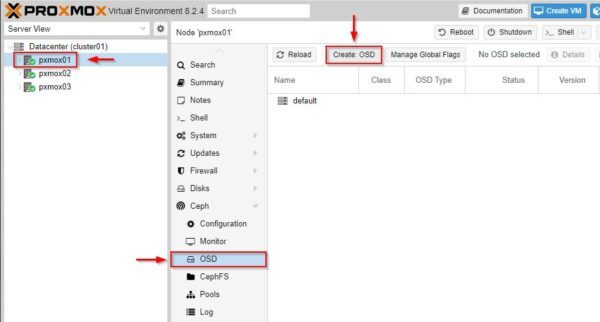 Select node 1 and navigate to Ceph > OSD section