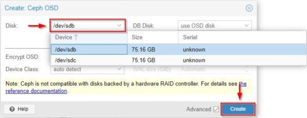 Select the Disk to use and click Create