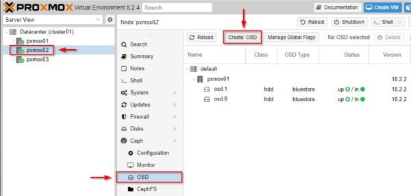 Select node 2, go to the Ceph > OSD section and click Create OSD