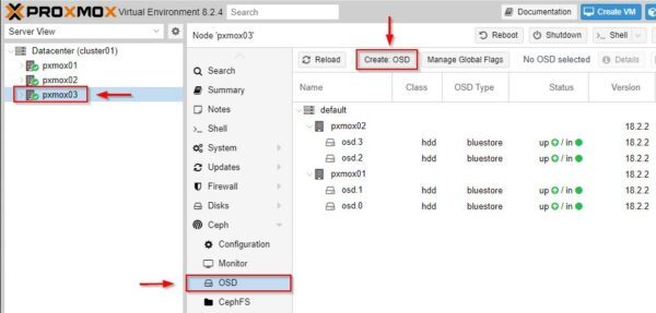 Select node 3, go to the Ceph > OSD section and click Create OSD