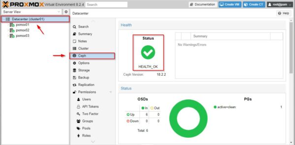 Select the Proxmox Cluster and go to Ceph section