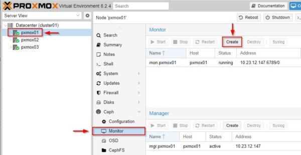 Select node 1 and go to Ceph > Monitor. Click Create to configure an additional monitor