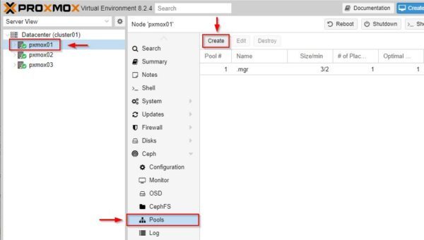 Select node 1, go to Ceph > Pool and click Create