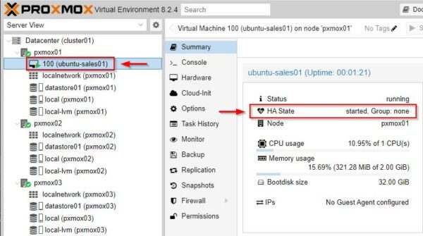 Once created, the new VM is up and running where the virtual disks are stored in the datastore configured as Ceph Storage Cluster