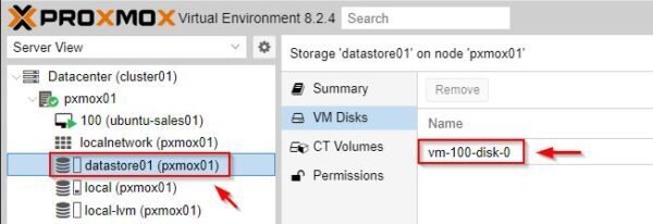 The VM running on node 1 has its virtual disk stored on datastore01