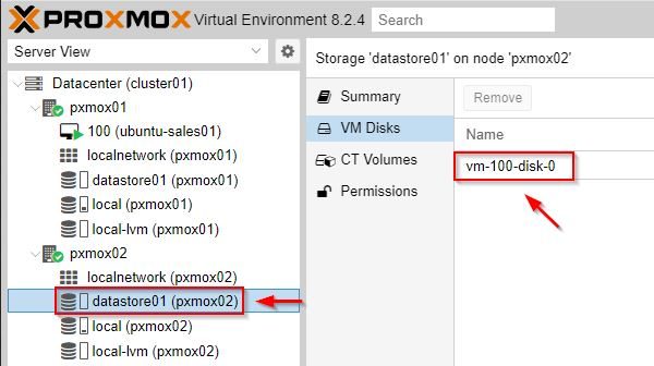 verify that the VM has copies of its data distributed across datastore01 on the different nodes