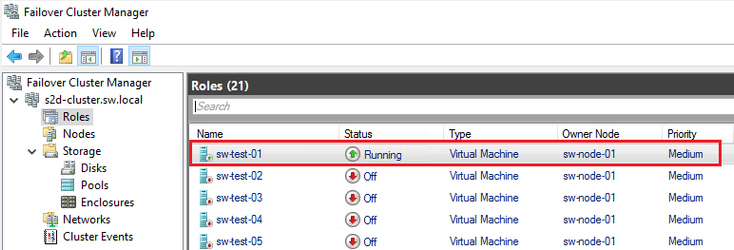 For these tests, our virtual machine (VM) was hosted on node sw-node-01, with its virtual disks placed on Volume01