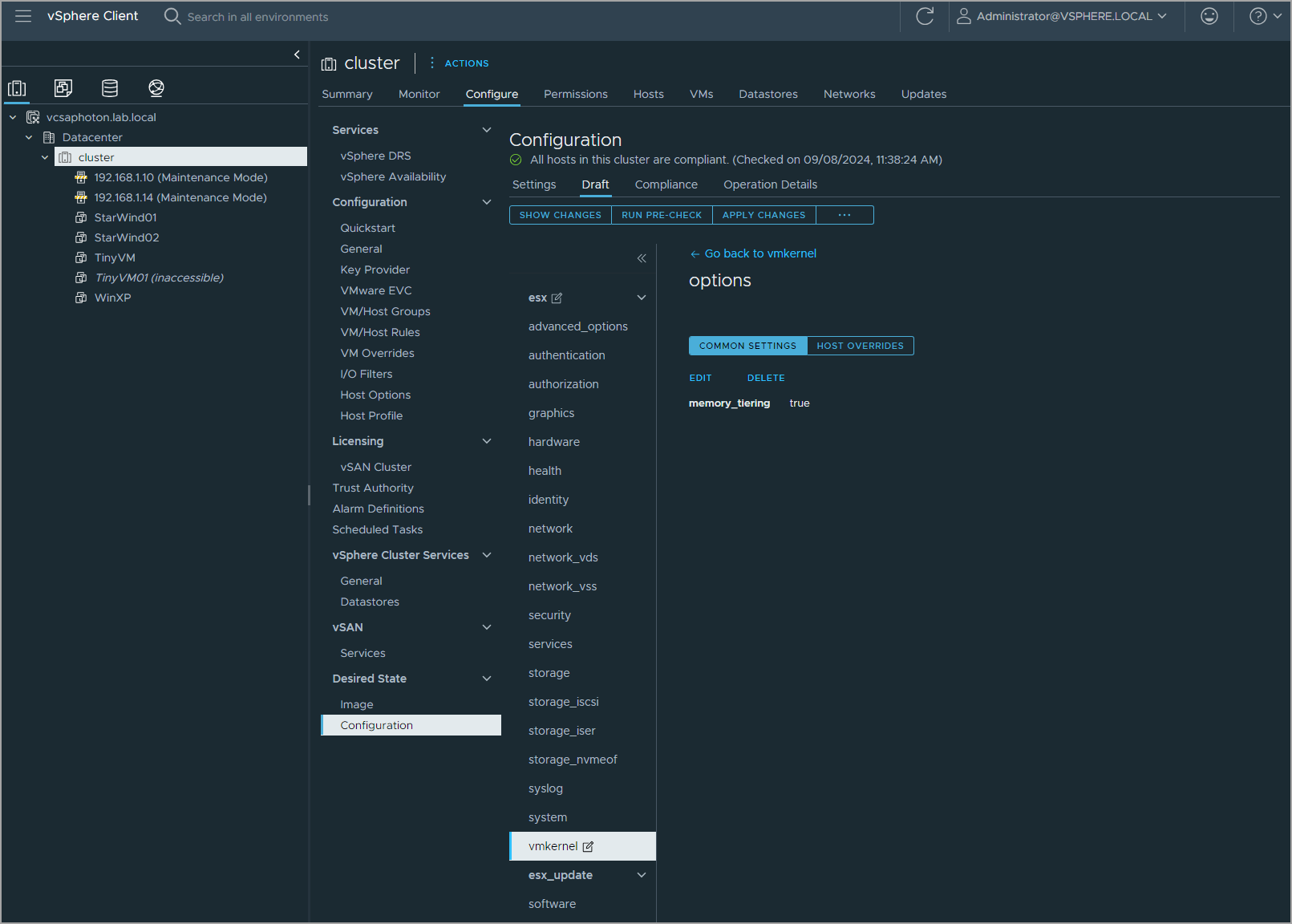 From the Configuration pane, verify Memory Tiering is configured in the configuration