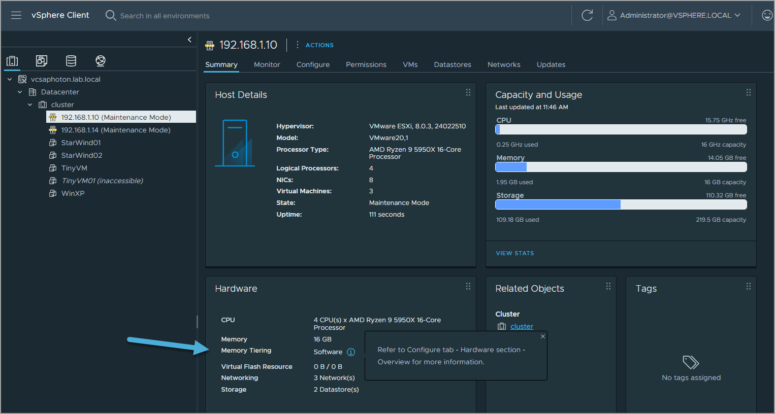 After reboot, verify that the hardware widget has the Memory Tiering as Software