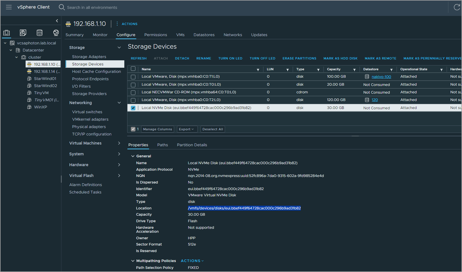 nvme disk you can find by going to Configure > Storage devices