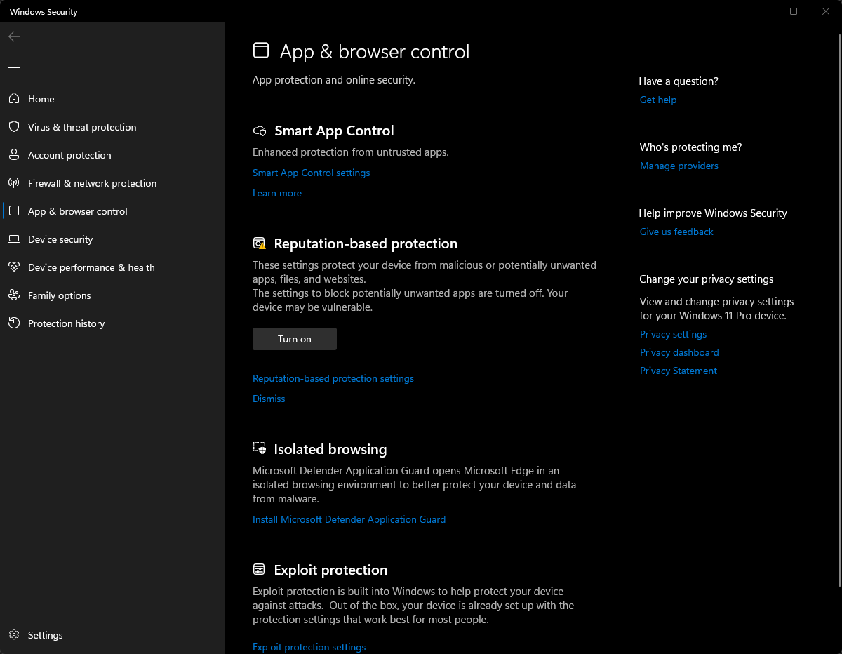 Looking at app control features in Windows 11