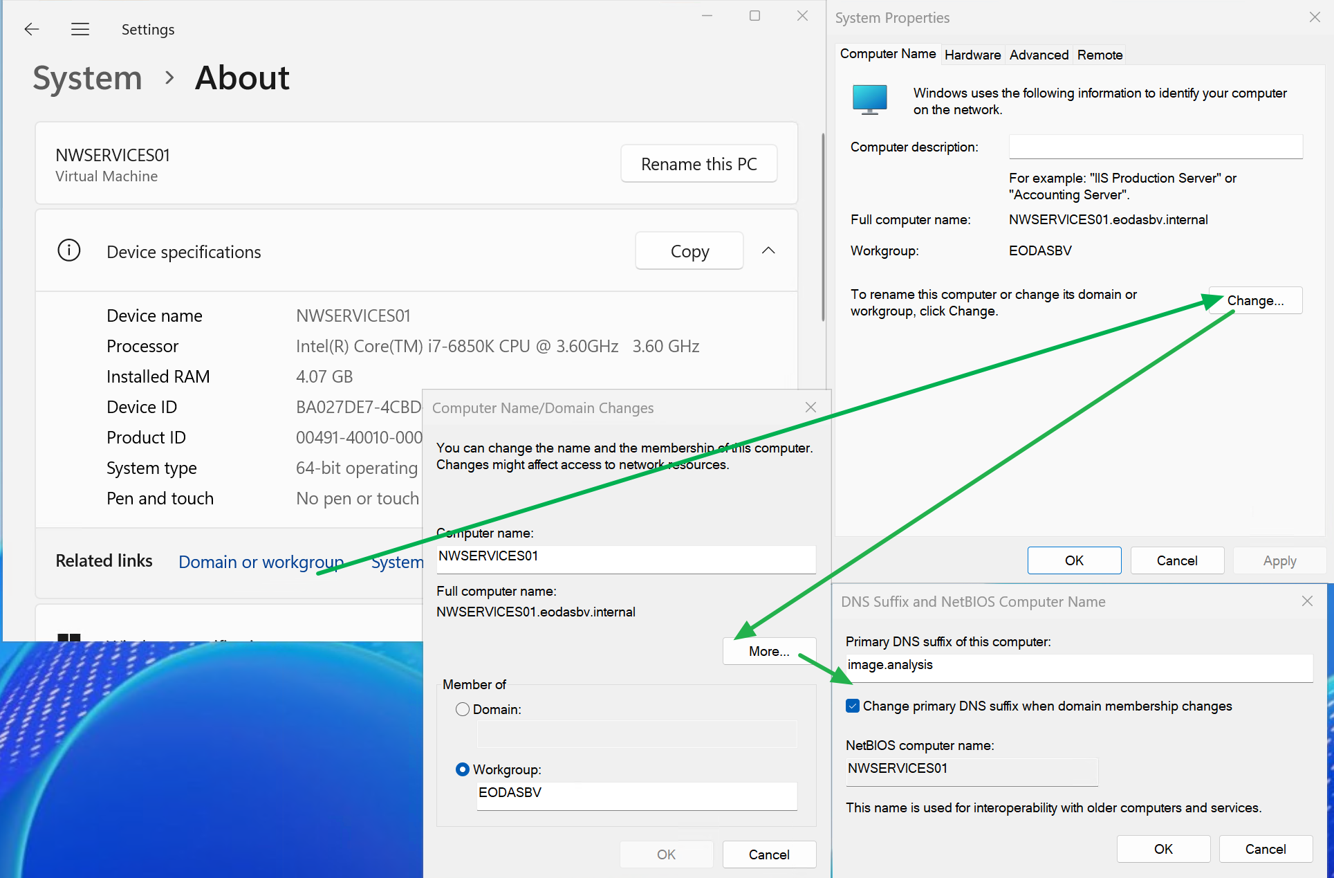 In "System, > About," choose Domain or Workgroup