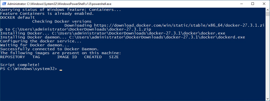 The containers installation script in Windows Server finishes