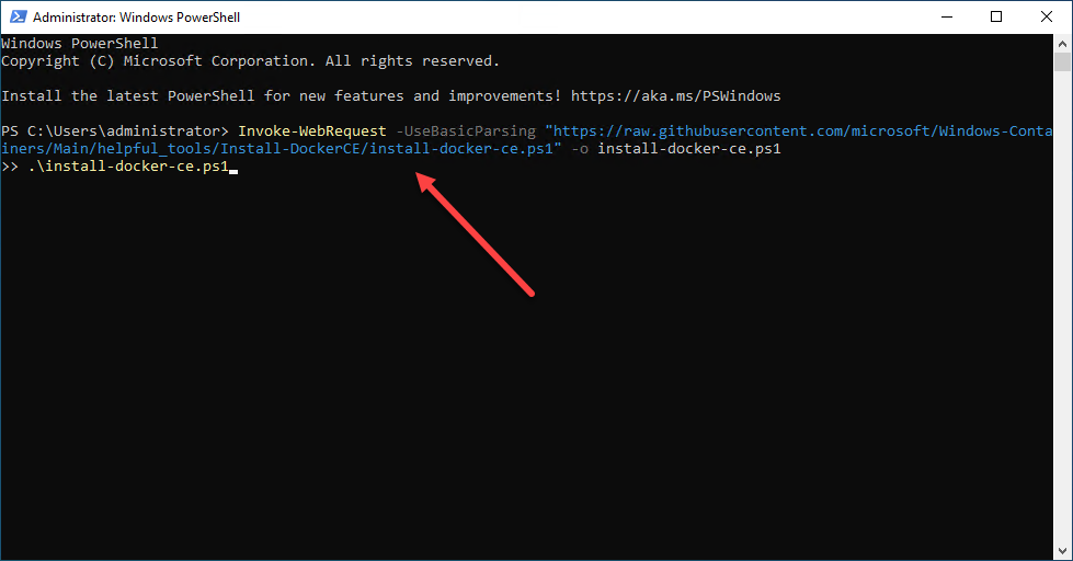 Pasting in and running the Docker CE installation script for Windows Server