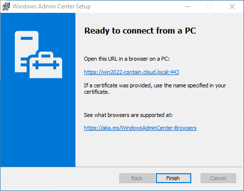 Finishing the installation of Windows Admin Center