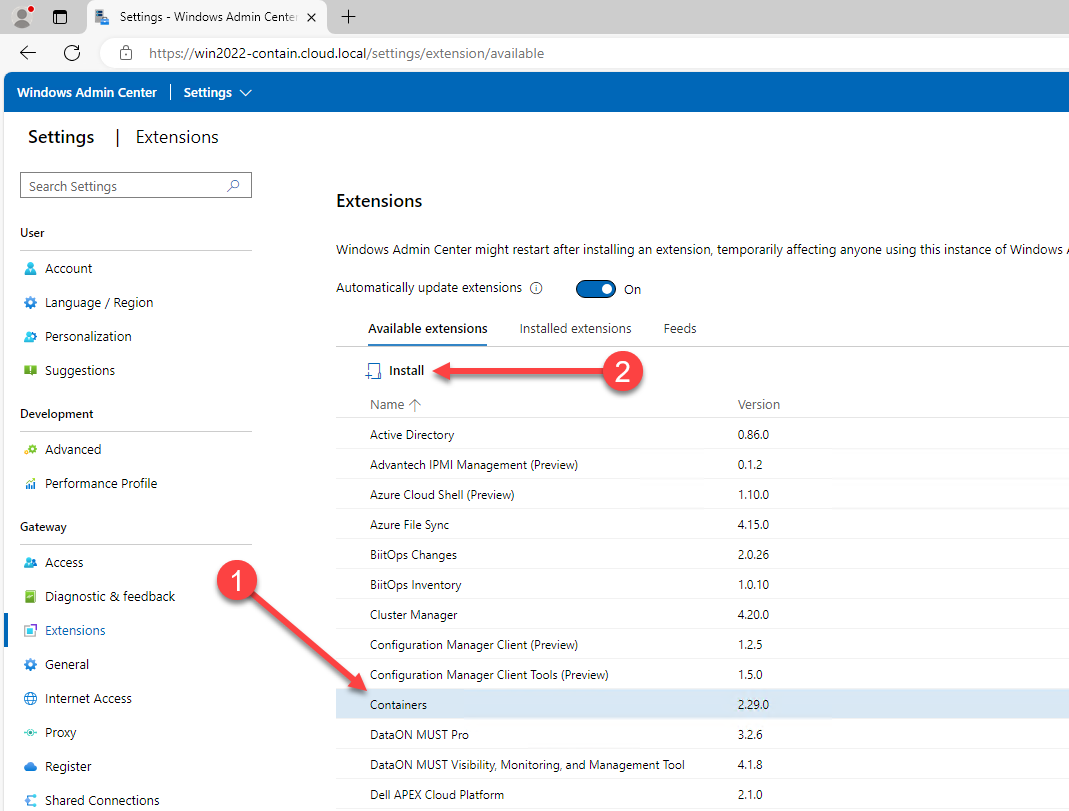 Installing the containers extension in Windows Admin Center