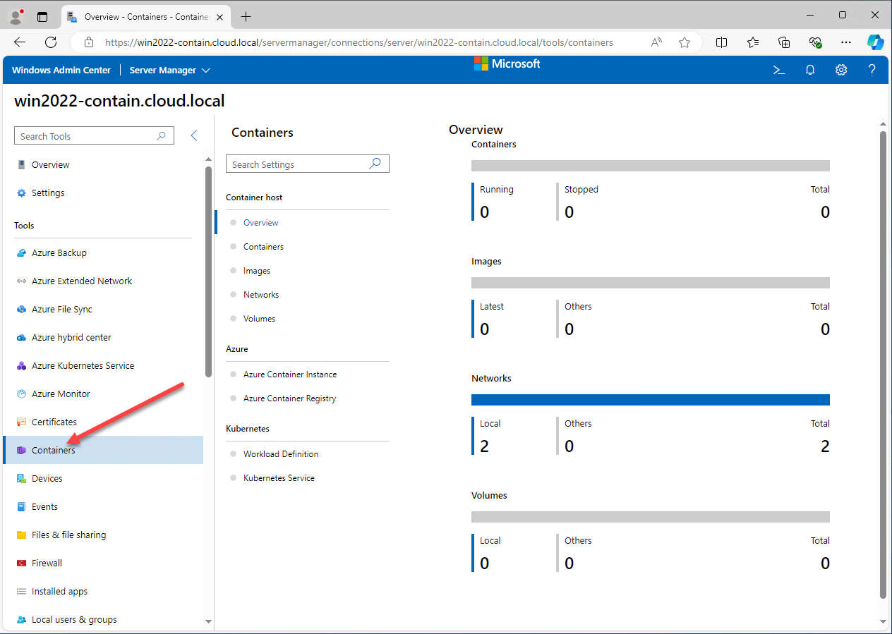 Viewing the containers extension in Windows Admin Center