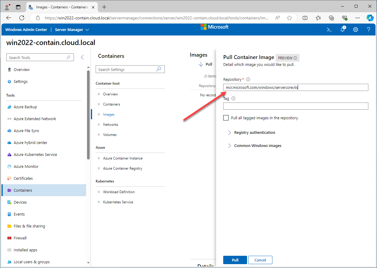 Pulling a Windows Server Core container image in Windows Admin Center