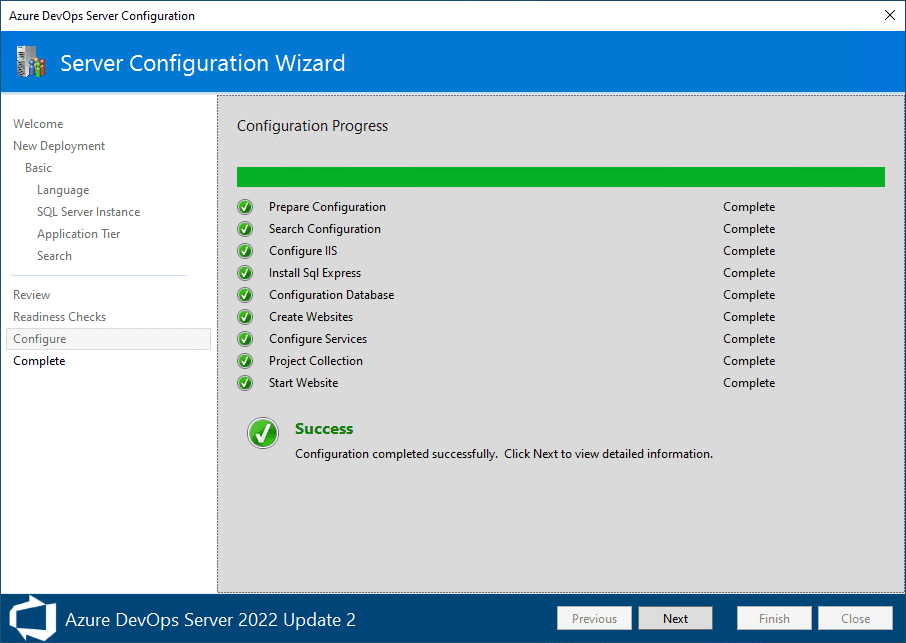 azure devops server configuration completes successfully