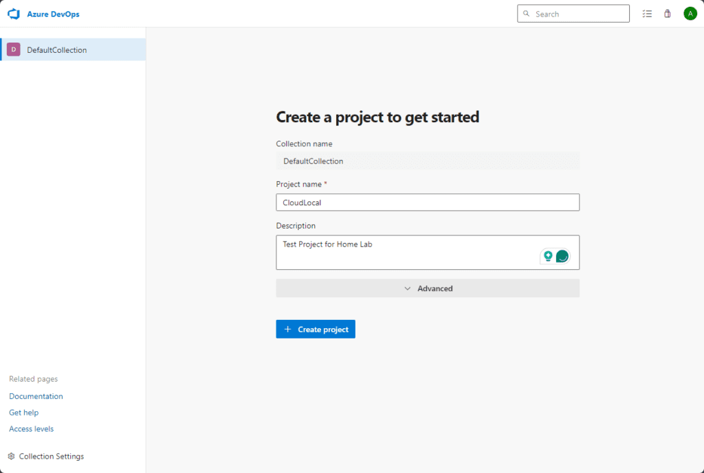 creating a new project in azure devops server