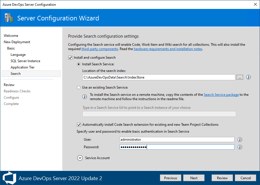 provide search configuration settings for azure devops server