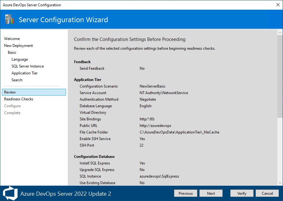 review the azure devops server configuration settings