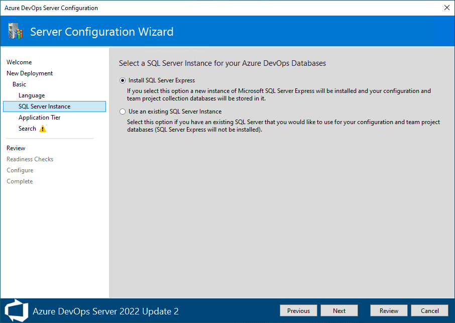 select a sql server instance for azure devops