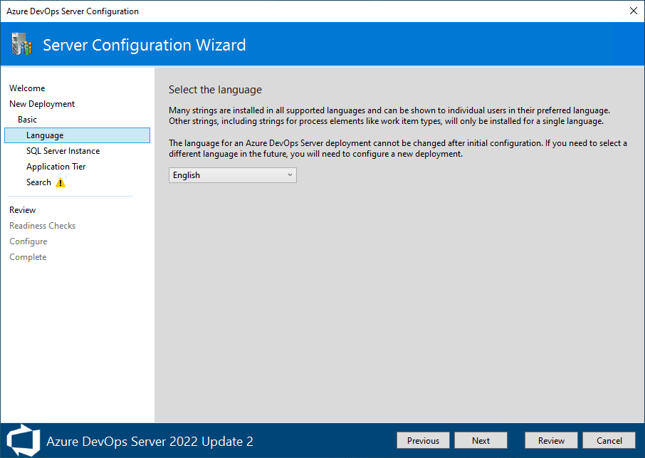 select the language for azure devops server