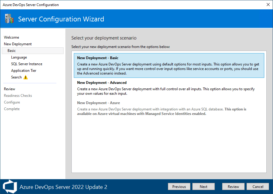 select your deployment scenario for azure devops server express 2022