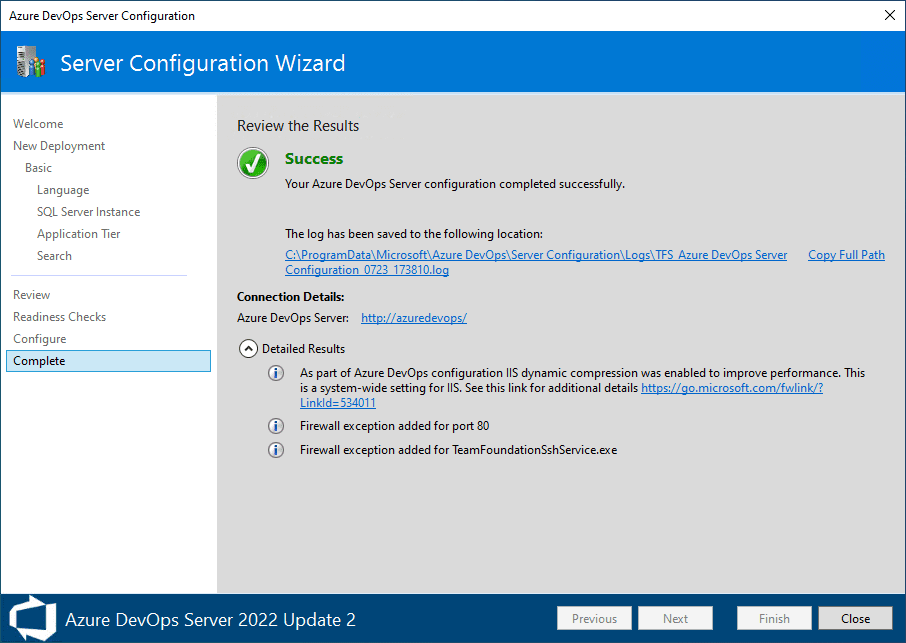 successful completion of azure devops server configuration