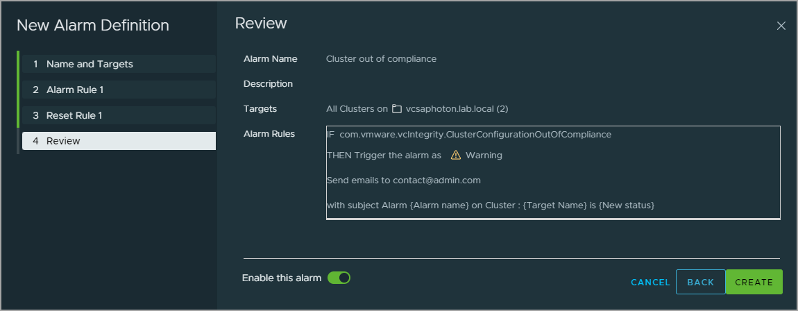 Review the new alarm definition and click Create