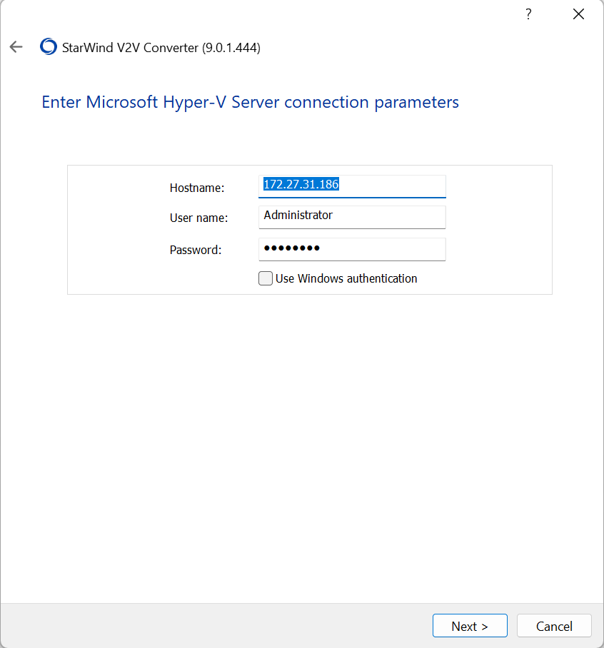 Enter the IP address and credentials of your Hyper-V server