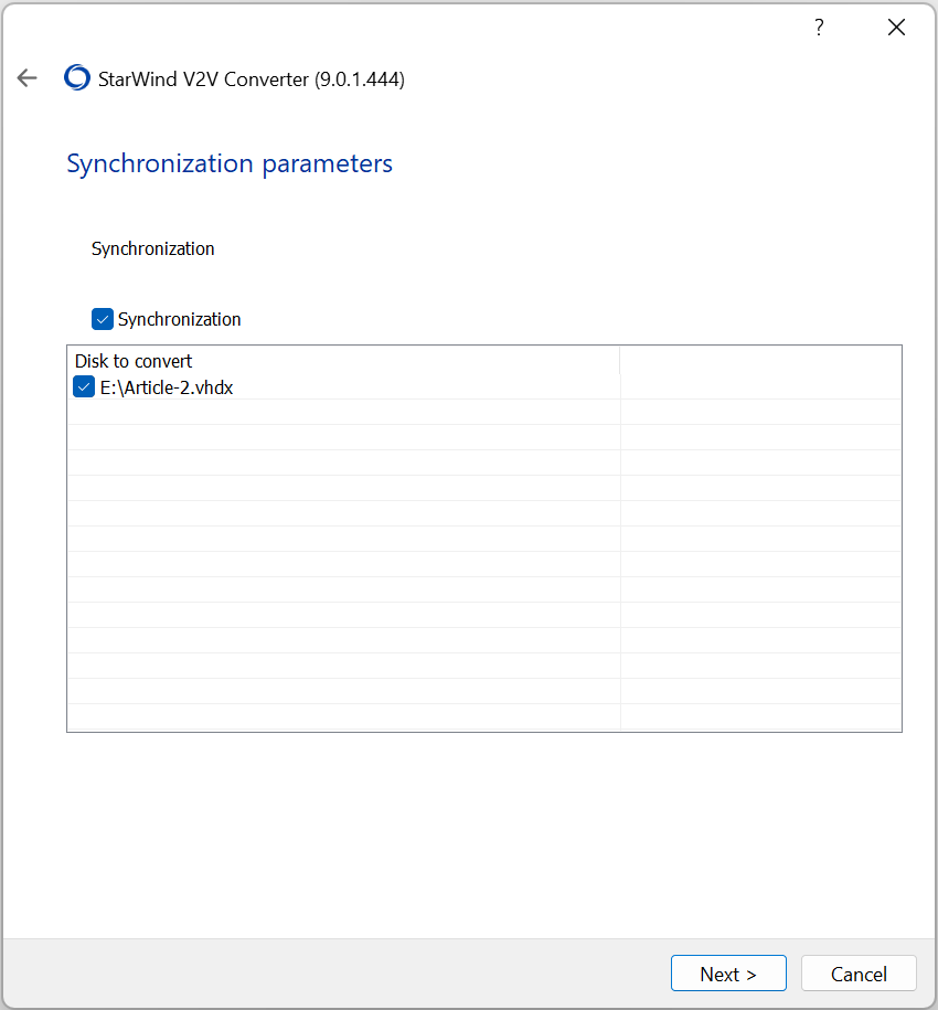 Select the drives that need to be converted and tick the “Synchronization” checkbox, which is necessary to enable hot migration: