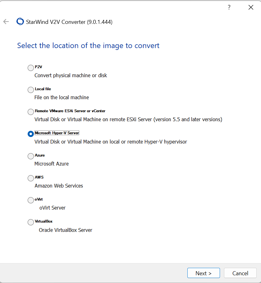 Open StarWind V2V Converter and choose the “Microsoft Hyper-V Server” option: