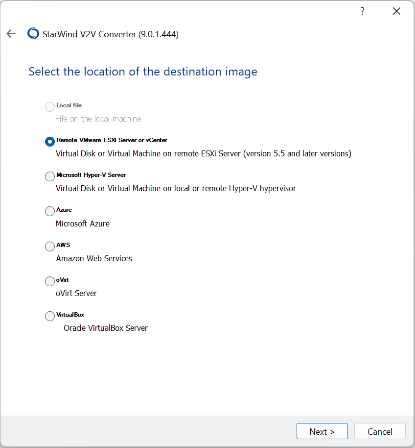 Our next step is to select the destination platform – the ESXi server: