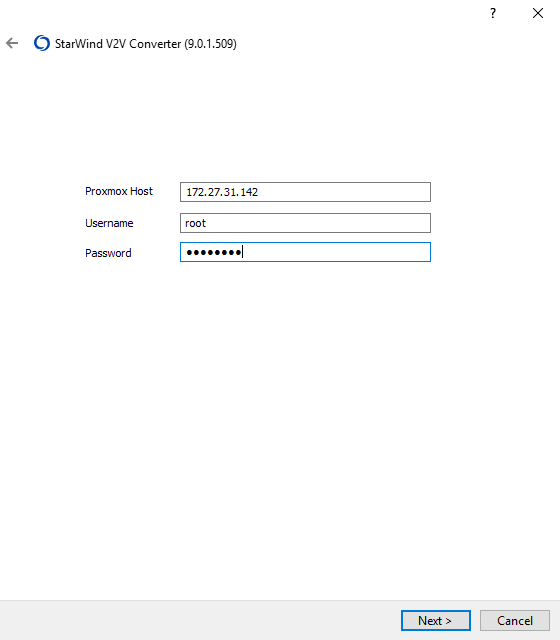 The next is to enter the credentials of the Proxmox server